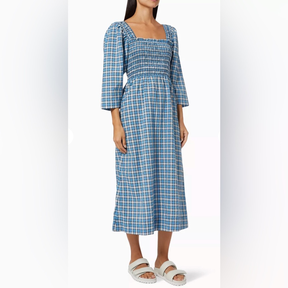 Ganni Shirred Checkered Cotton Blend Seersucker Gingham Midi Dress Blue 34